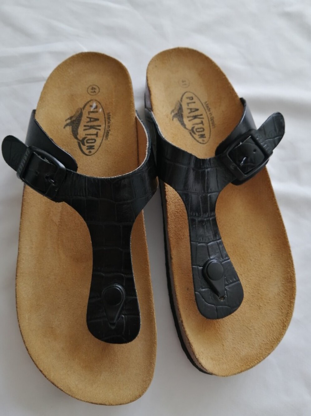 Plakton Bolera T-Bar Black Leather Croc Sandals Size 41 (10-10.5 US)